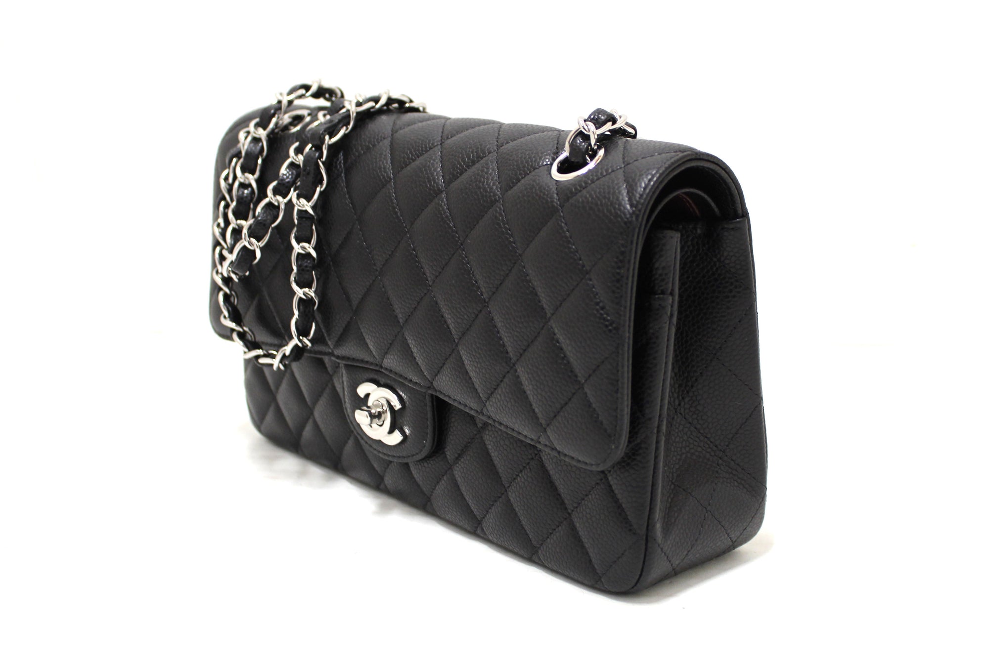 CHNL Classic Black Quilted Caviar Leather Classic Medium Double Flap Bag