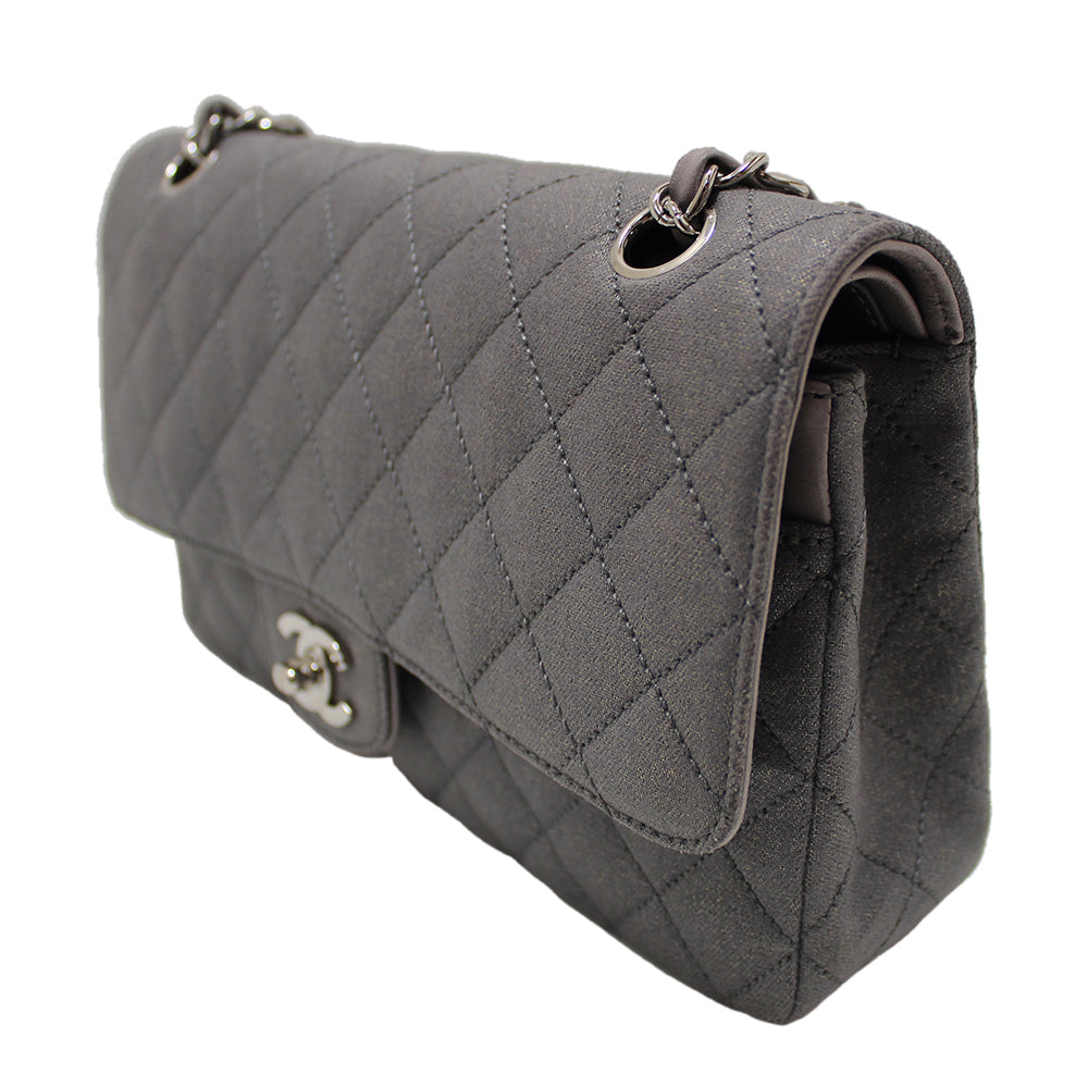 CHNL Grey Glitter Canvas Medium Classic Flap Shoulder Chain Bag