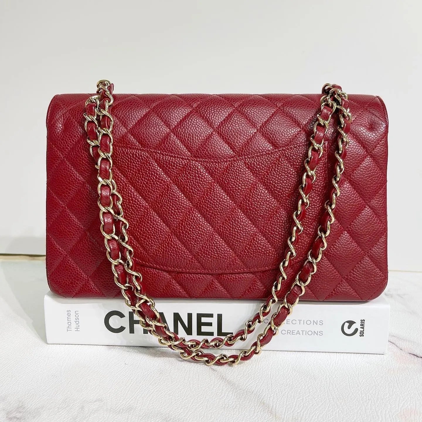 CHNL Medium Classic Flap in Cherry Red Caviar AGHW