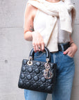 Christian DOR Cannage Lady DOR Leather way Hand Bag Black