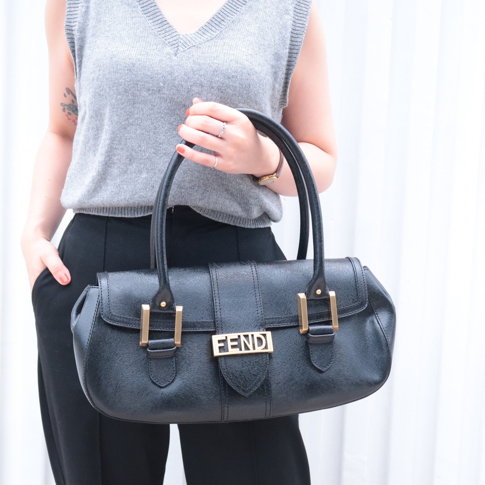 FNDI Logo Leather Hand Bag Shoulder Bag Black 8BN116