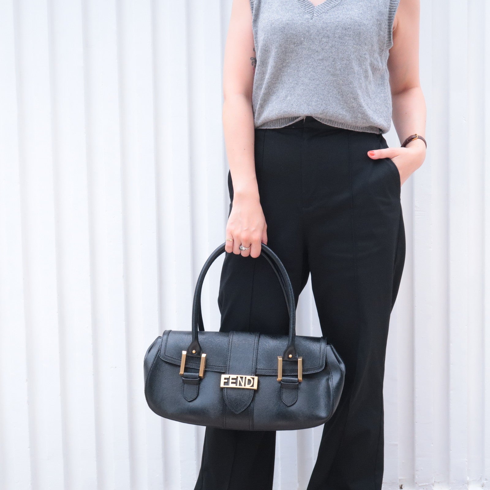 FNDI Logo Leather Hand Bag Shoulder Bag Black 8BN116