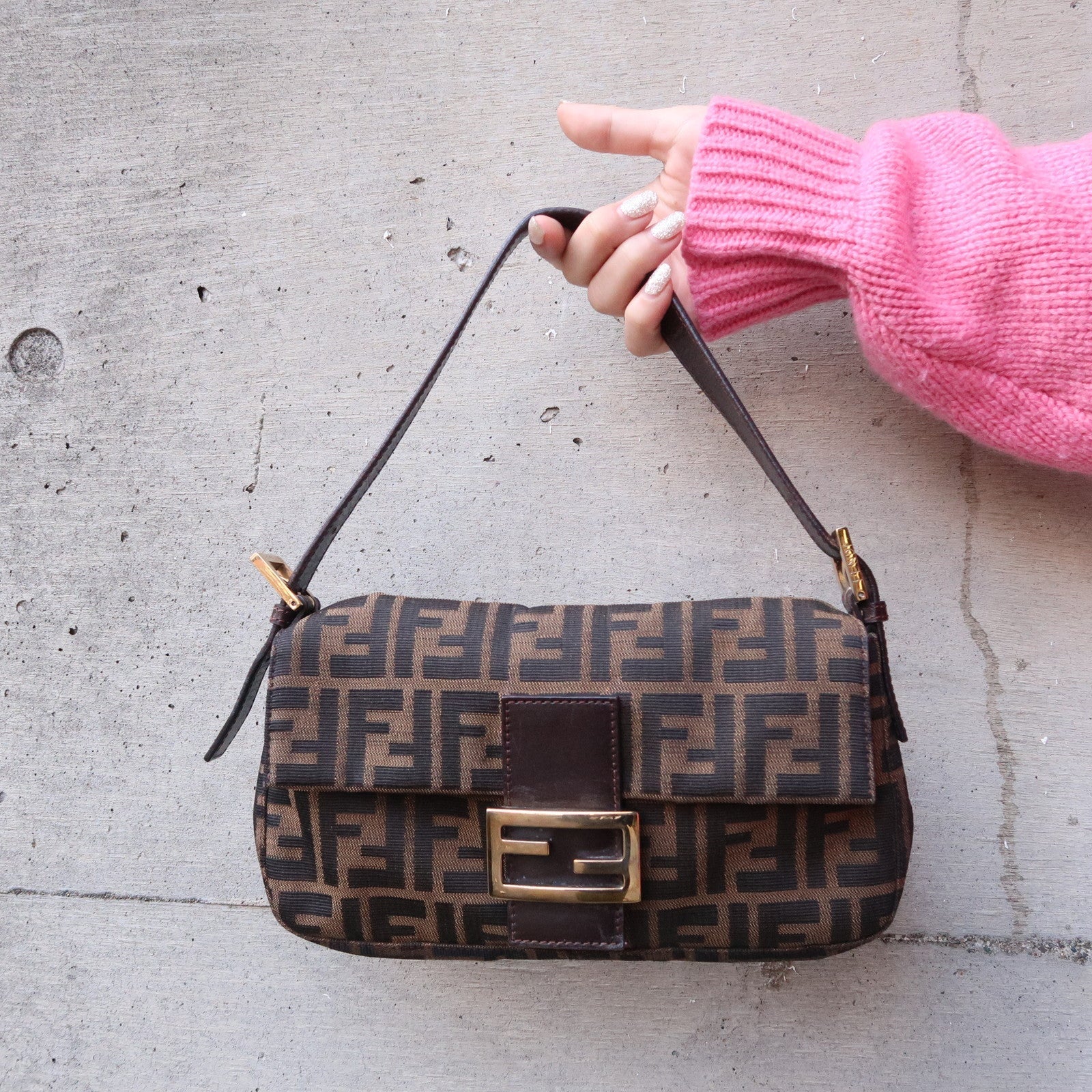 FNDI Mamma Baguette Canvas Leather Shoulder Bag Brown 26424