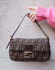 FNDI Mamma Baguette Canvas Leather Shoulder Bag Brown 26424