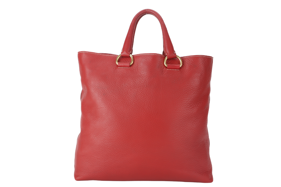 PRD CONVERTIBLE VERTICAL TOTE RED GRAINED CALF LEATHER GOLD HARDWARE WITH DUST COVER AND STRAP