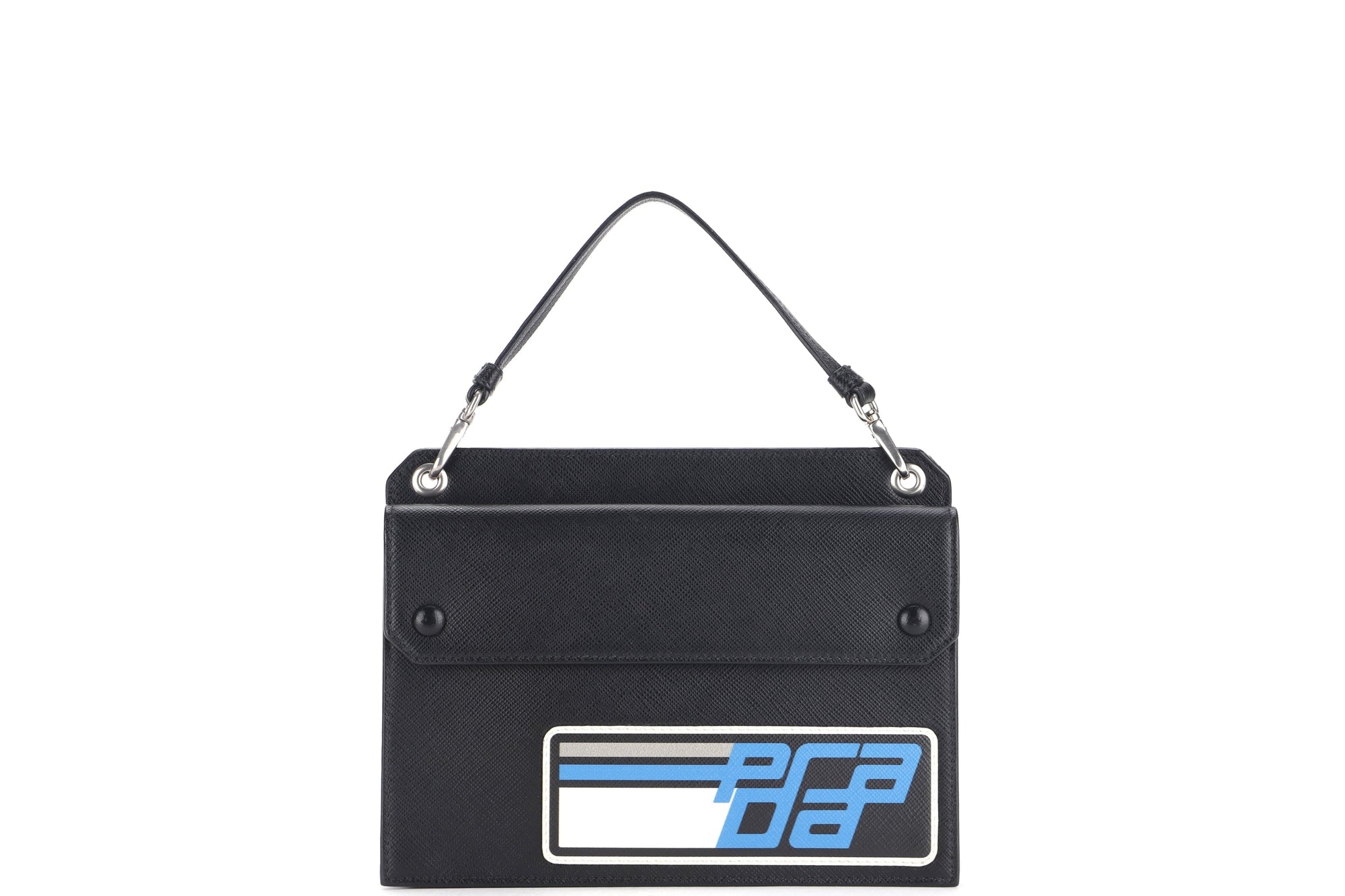 PRD CLUTCH BLACK RETRO RACING LOGO PRINT SAFFIANO LEATHER SILVER HARDWARE, NO CARD &amp; DUST COVER