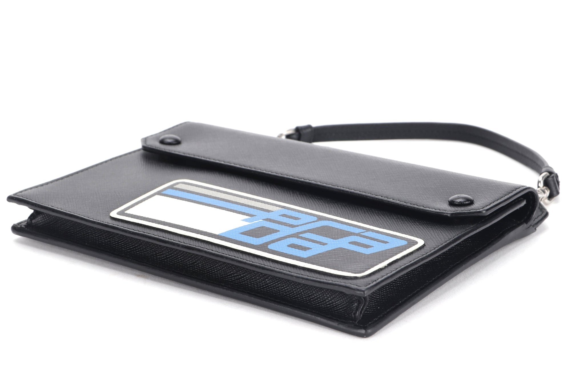 PRD CLUTCH BLACK RETRO RACING LOGO PRINT SAFFIANO LEATHER SILVER HARDWARE, NO CARD &amp; DUST COVER