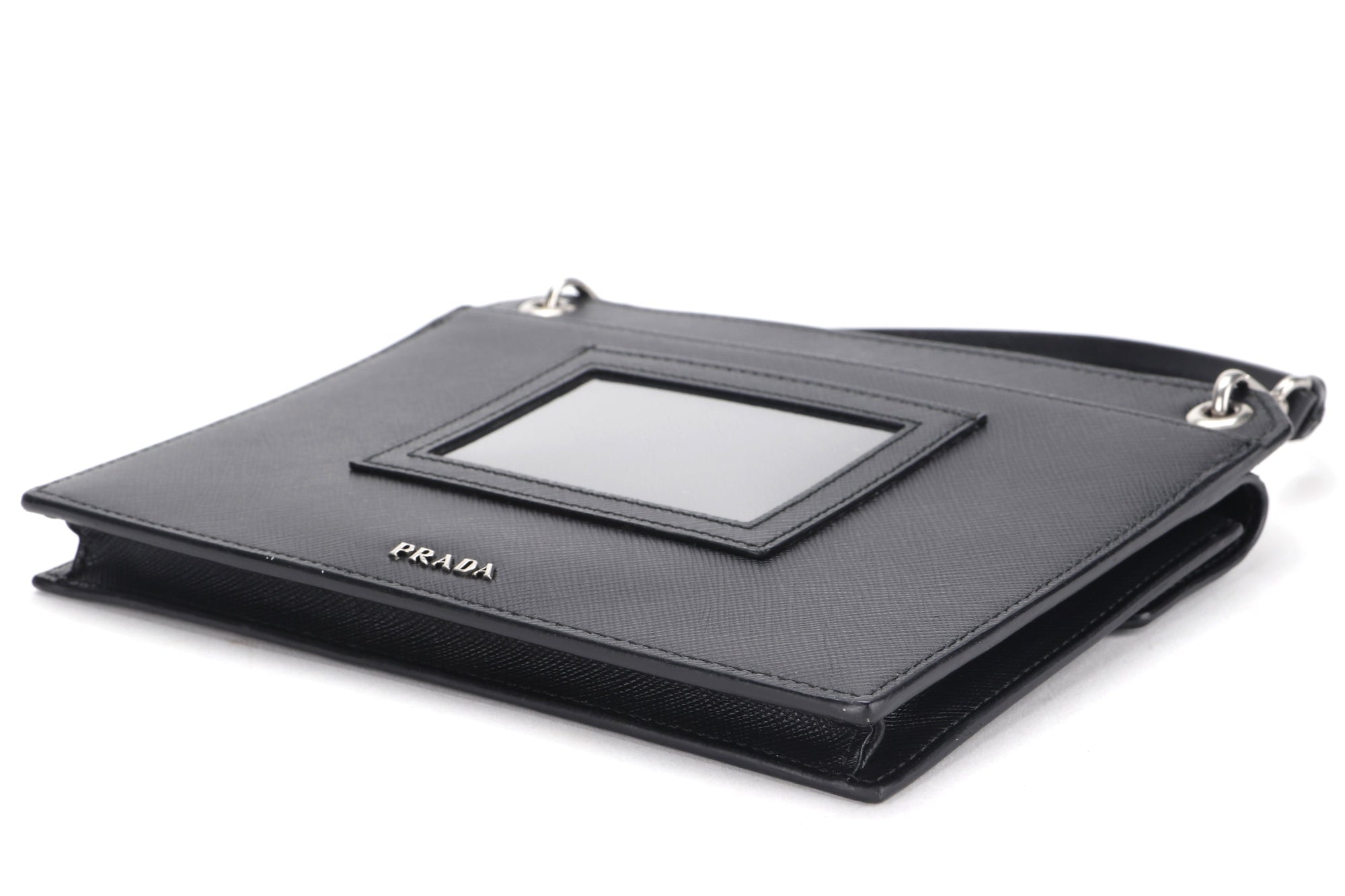 PRD CLUTCH BLACK RETRO RACING LOGO PRINT SAFFIANO LEATHER SILVER HARDWARE, NO CARD &amp; DUST COVER