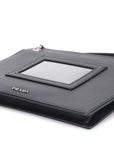 PRD CLUTCH BLACK RETRO RACING LOGO PRINT SAFFIANO LEATHER SILVER HARDWARE, NO CARD & DUST COVER