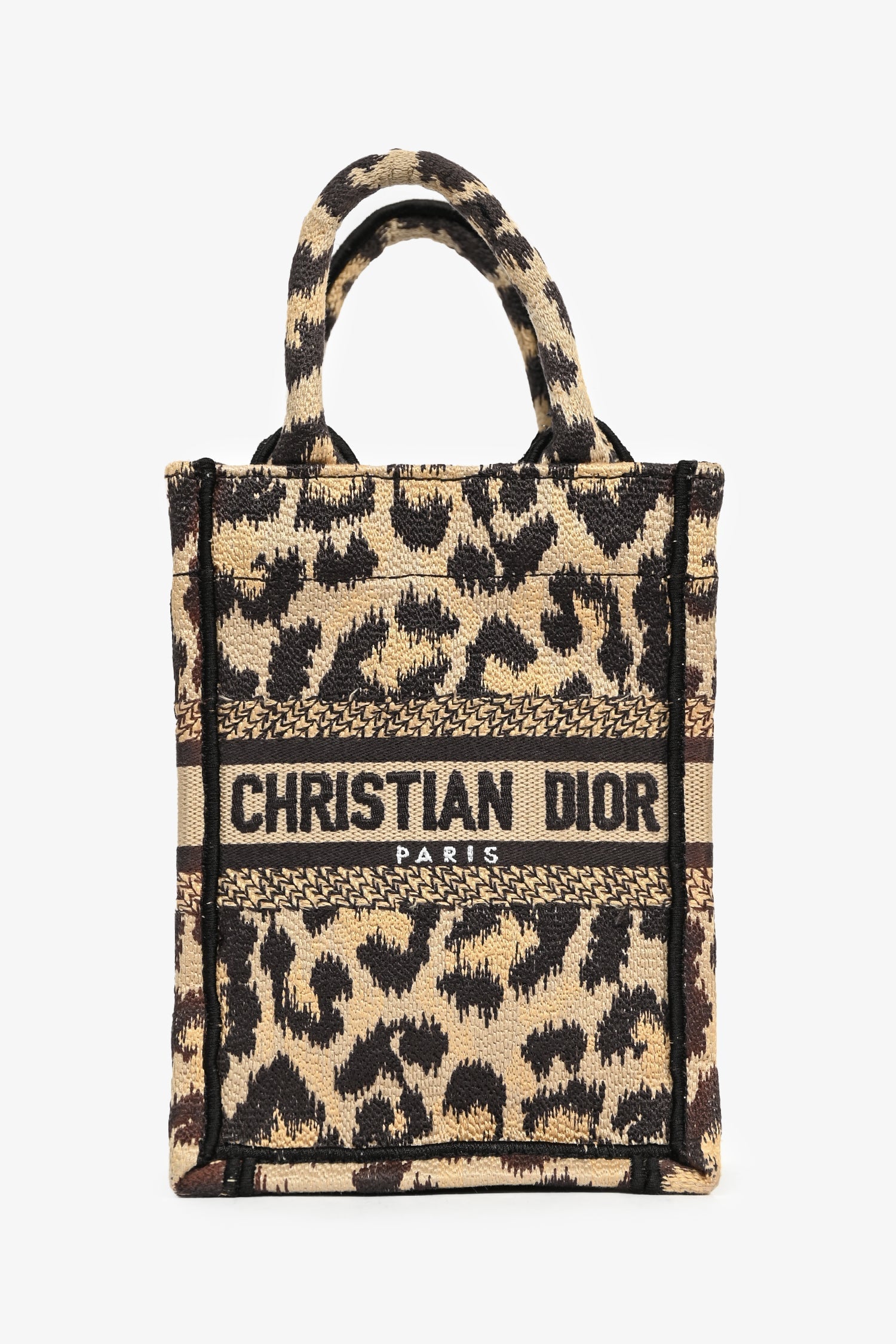 Christian DOR Beige Leopard Canvas Mini Book Tote Phone Bag