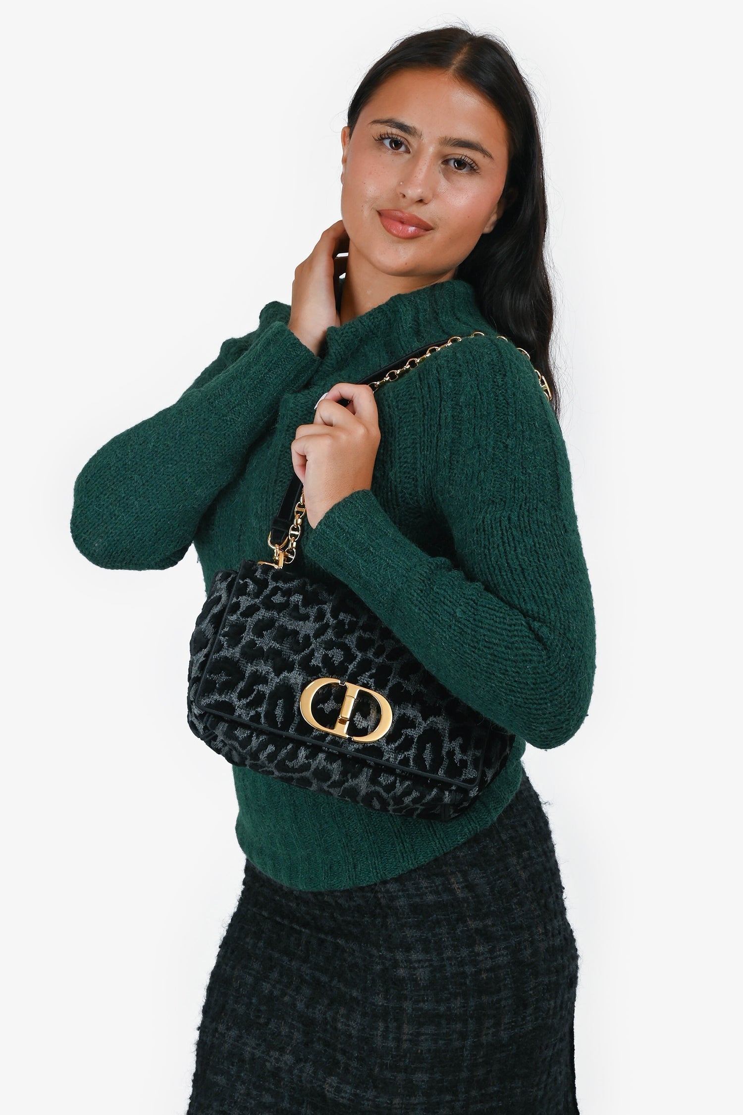 Christian DOR Black Grey Velvet Leopard Print Medium Caro Bag