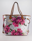*LIMITED EDITION* LV Garden Capsule 2022 Neverfull MM Bag in Silver and Pink Floral Monogram Canvas with Brown Leather and Gold Hardware