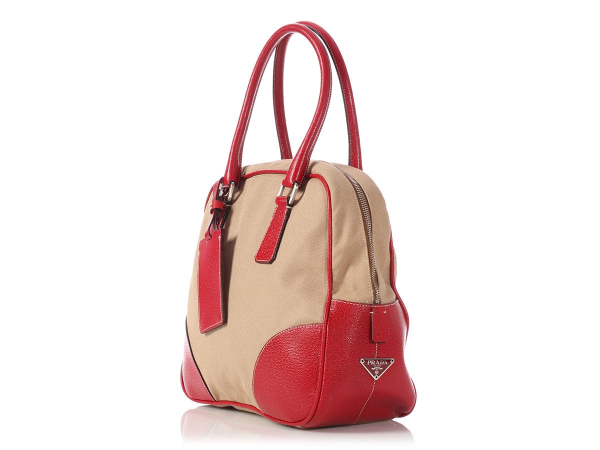 PRD Beige Canvas and Red Leather Bowling Bag
