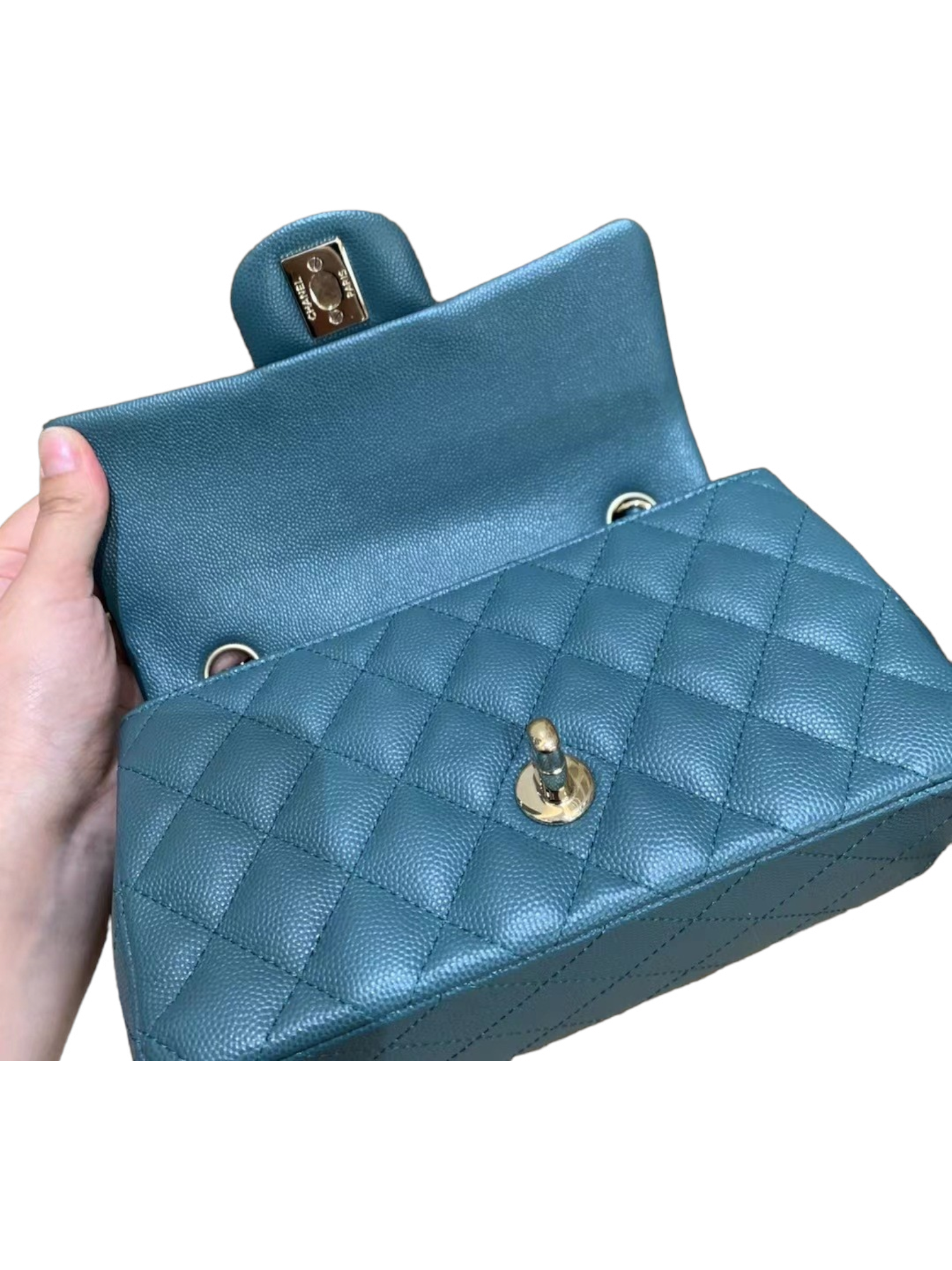 CHNL Mini Rectangle, 17B Dark Turquoise Green Caviar Leather with Shiny Gold Hardware