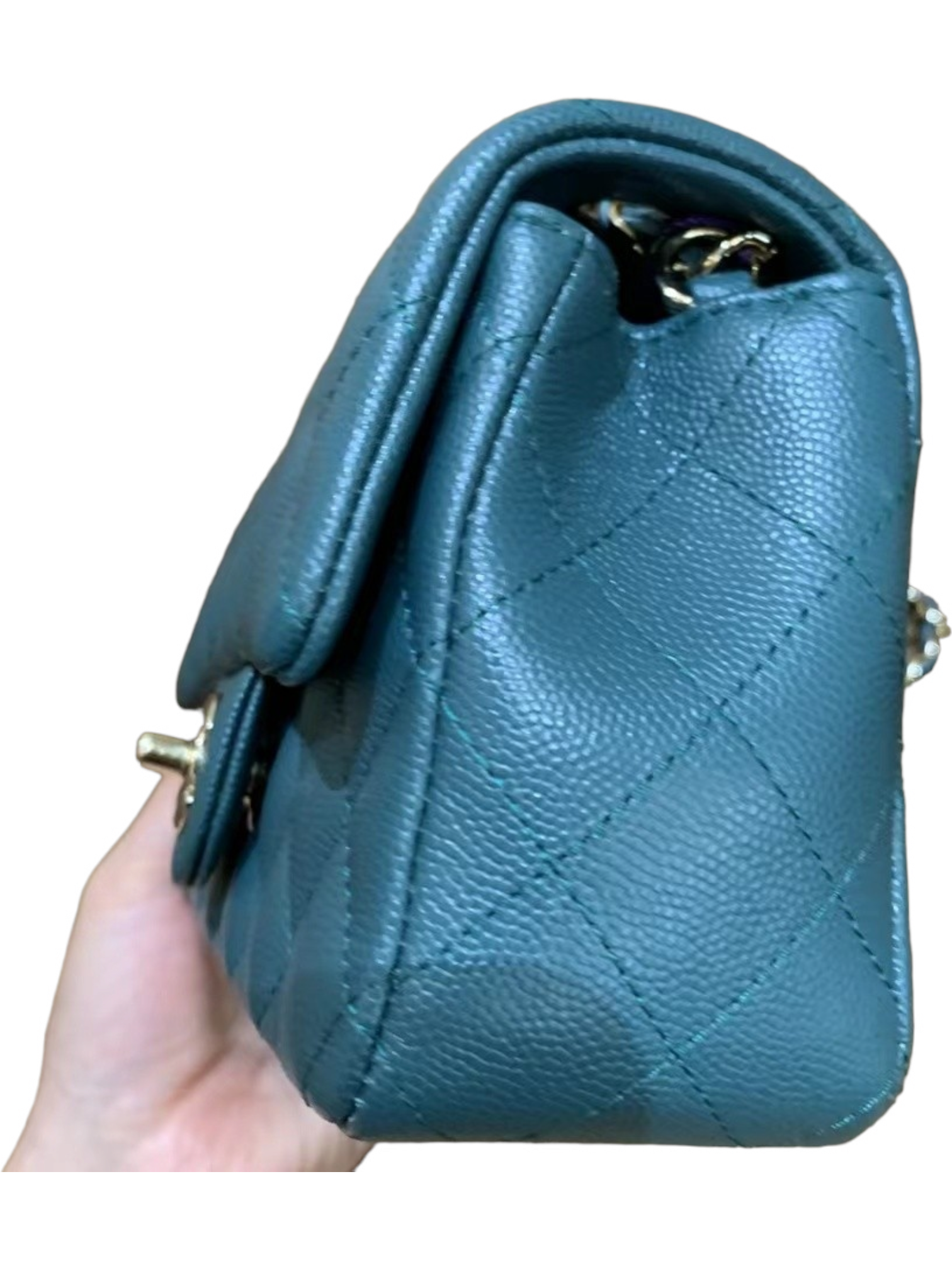 CHNL Mini Rectangle, 17B Dark Turquoise Green Caviar Leather with Shiny Gold Hardware