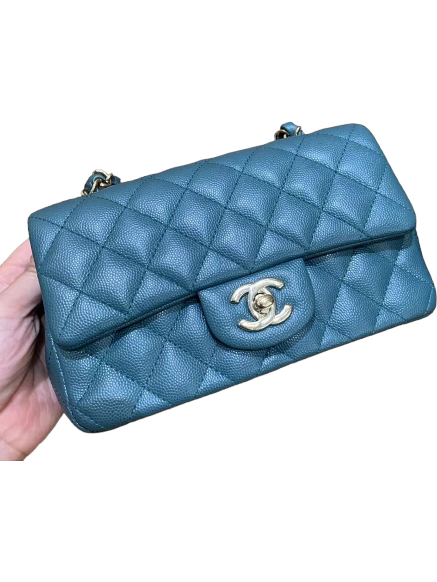 CHNL Mini Rectangle, 17B Dark Turquoise Green Caviar Leather with Shiny Gold Hardware