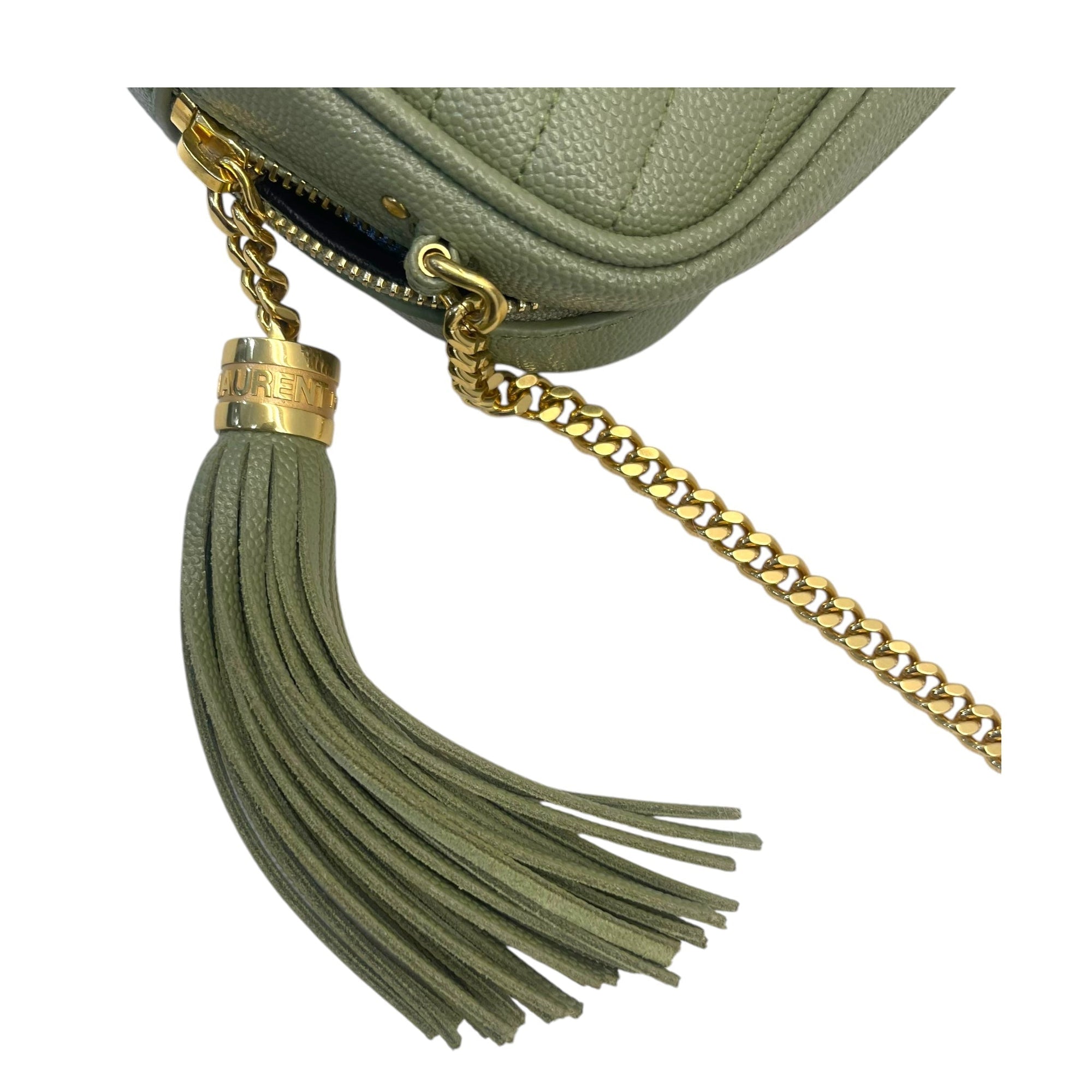 YSL Light Sage Chevron Black Leather Monogram Chain Shoulder Bag
