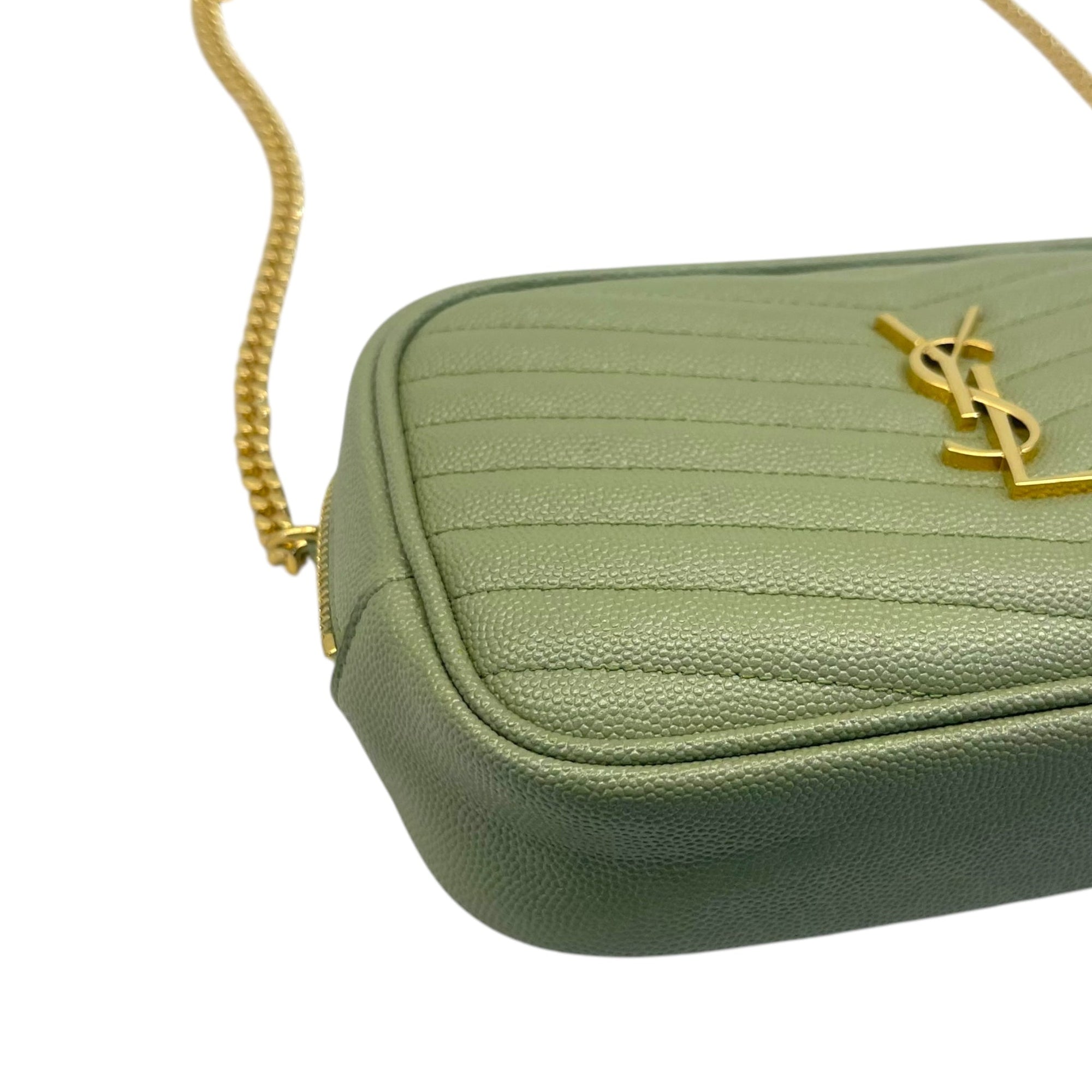 YSL Light Sage Chevron Black Leather Monogram Chain Shoulder Bag
