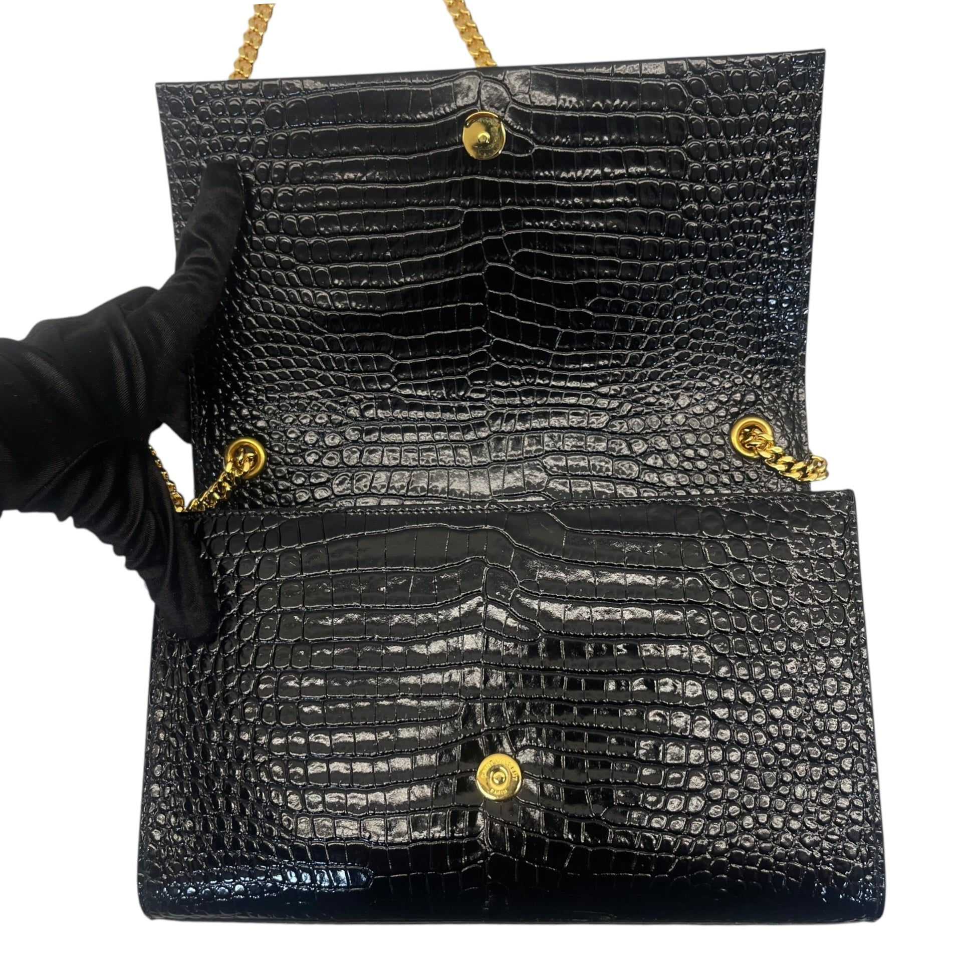 YSL Kate Medium in Black Croc Embossed Leather
