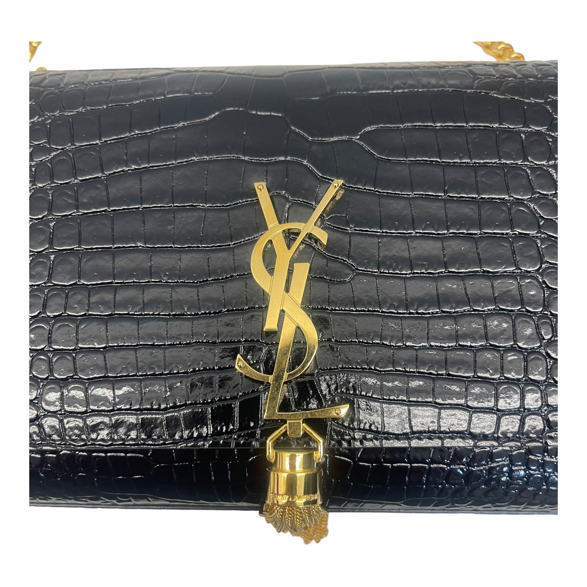 YSL Kate Medium in Black Croc Embossed Leather