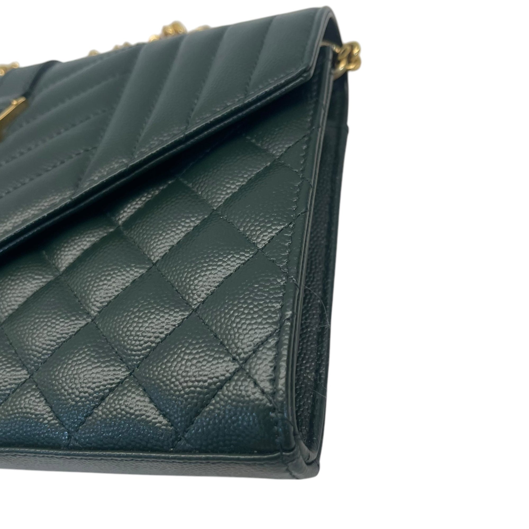 YSL Dark Green Chevron Quilted Leather Envelope Flap Bag