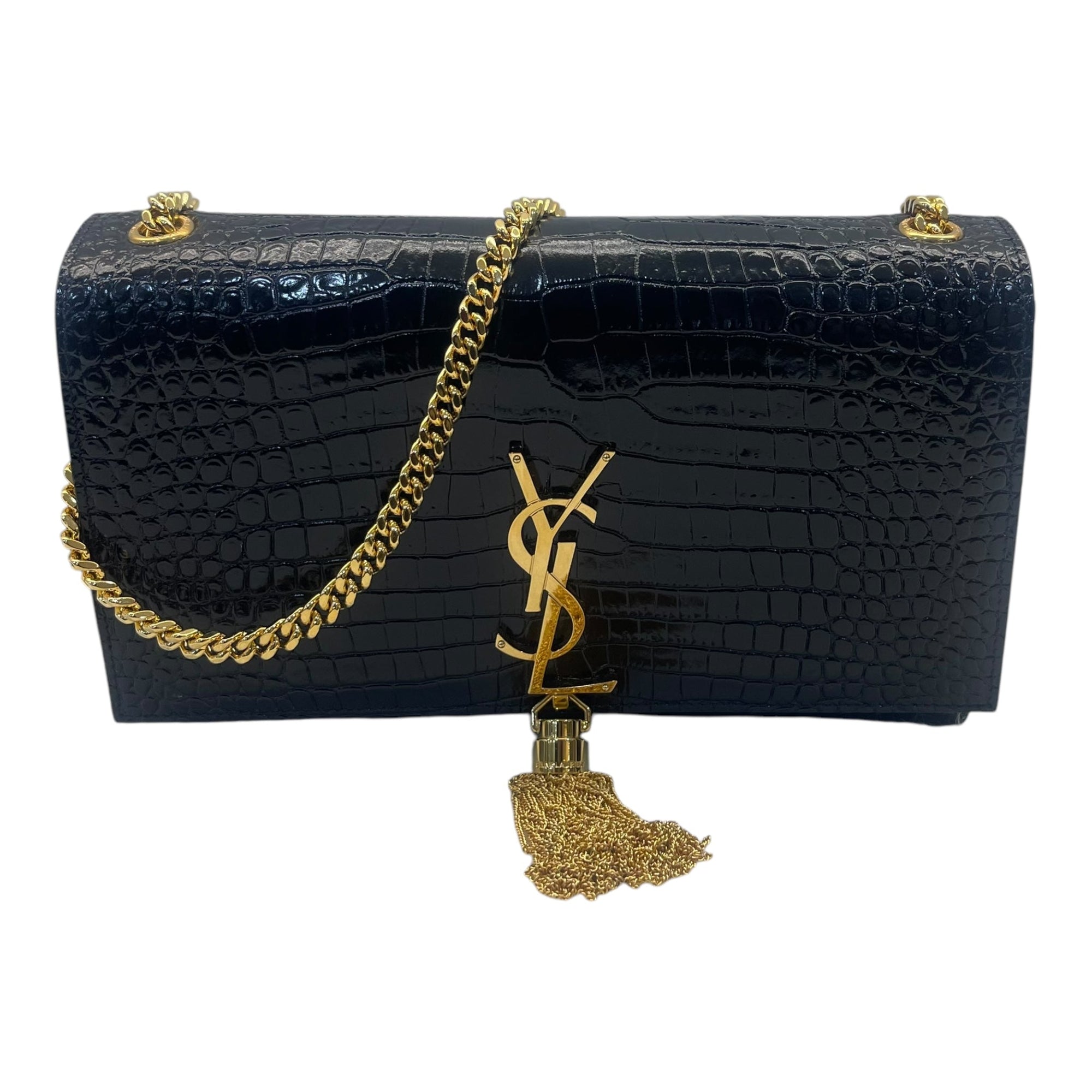 YSL Kate Medium in Black Croc Embossed Leather