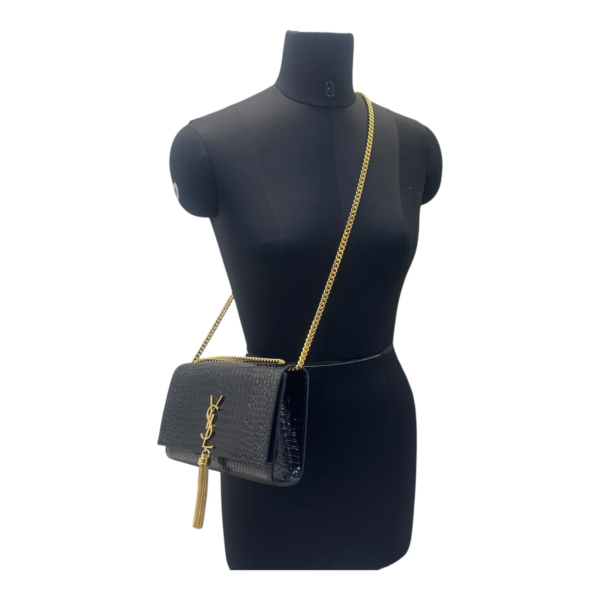 YSL Kate Medium in Black Croc Embossed Leather
