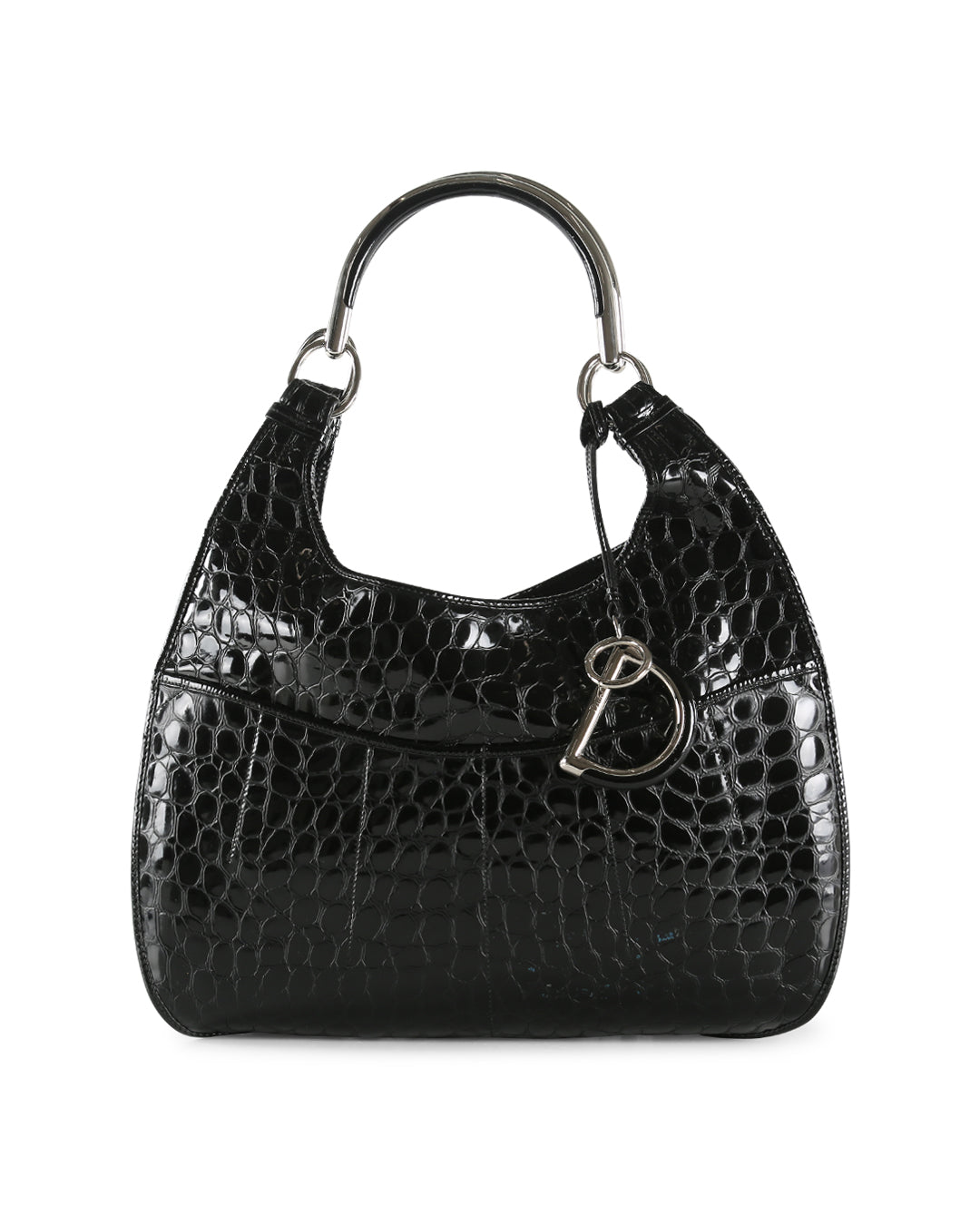 CHRISTIAN DOR Black Crocodile Embossed Patent Leather Large Shoulder Bag