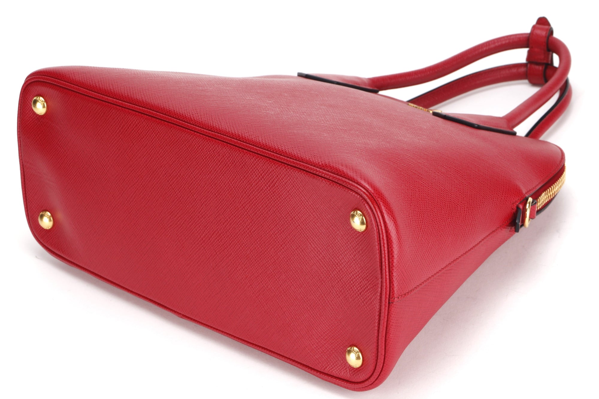 PRD CONVERTIBLE DOME SATCHEL LARGE RED SAFFIANO LEATHER GOLD HARDWARE, WITH CARD, STRAP &amp; DUST COVER