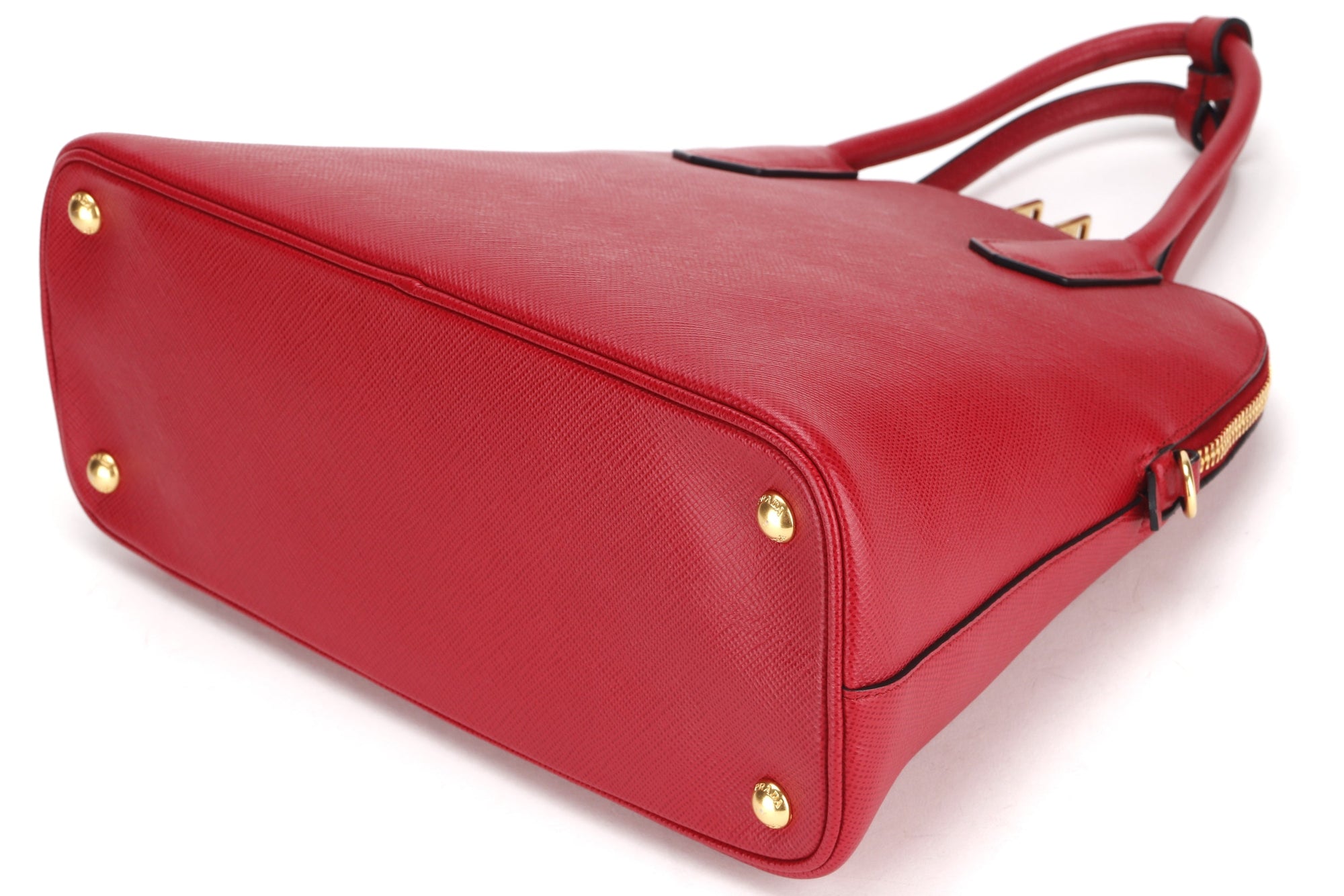 PRD CONVERTIBLE DOME SATCHEL LARGE RED SAFFIANO LEATHER GOLD HARDWARE, WITH CARD, STRAP &amp; DUST COVER