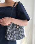 Christian DOR Trotter CD Logo Jacquard Leather Shoulder bag Navy Vintage ftcg
