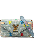 Blue LV Embroidered Monogram Denim New Wave Chain Pochette Crossbody Bag