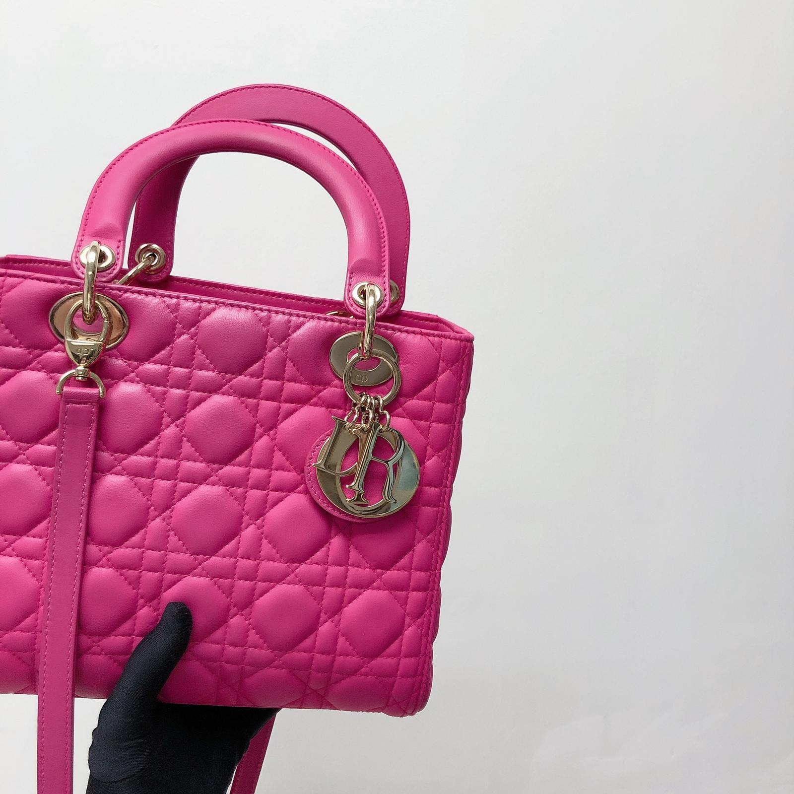 Cannage Lambskin Lady DOR Medium Bag in Fuschia Pink with GHW