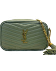 YSL Light Sage Chevron Black Leather Monogram Chain Shoulder Bag