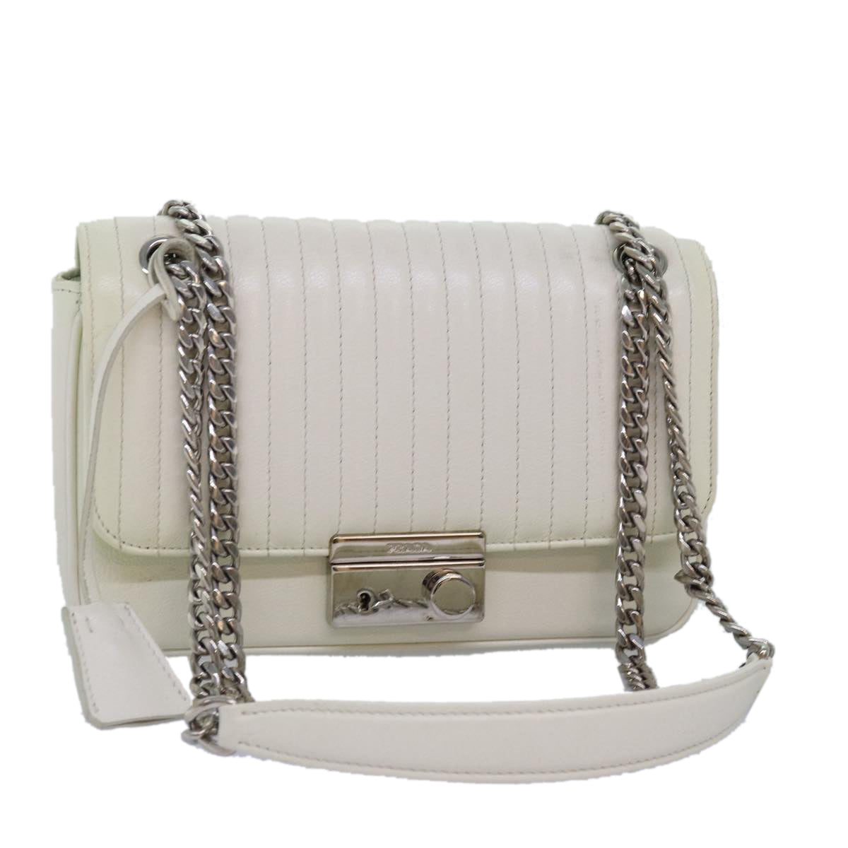 PRD Chain Shoulder Bag Leather White Auth bs