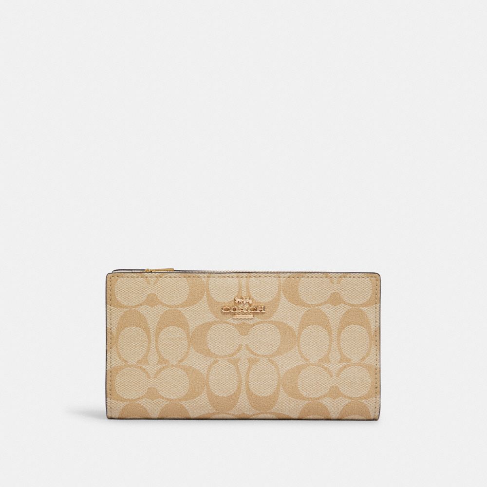 Slim Zip Wallet In Signature Canvas (Gold/Light Khaki Chalk)