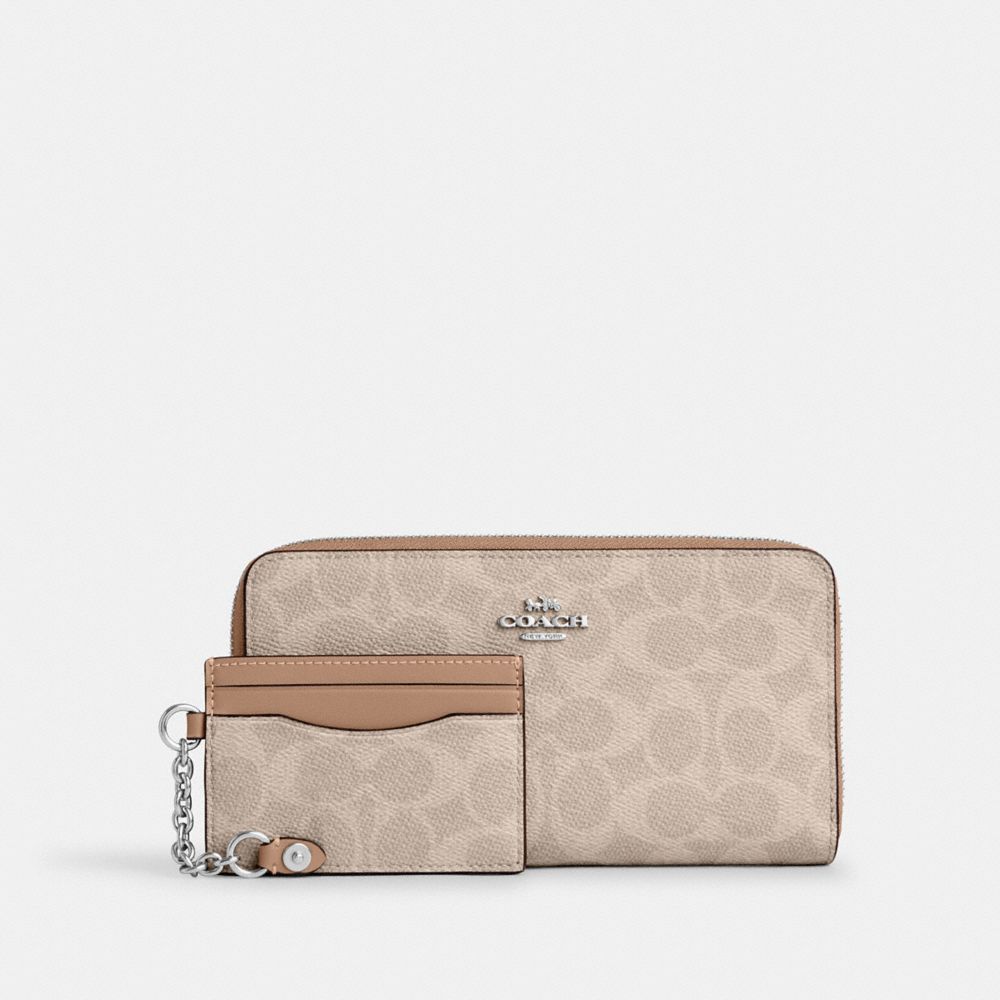 Long Zip Around Wallet With Detachable Card Case In Signature Canvas (Silver/Sand/Taupe)