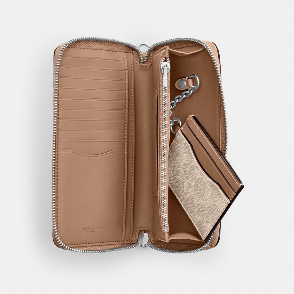 Long Zip Around Wallet With Detachable Card Case In Signature Canvas (Silver/Sand/Taupe)