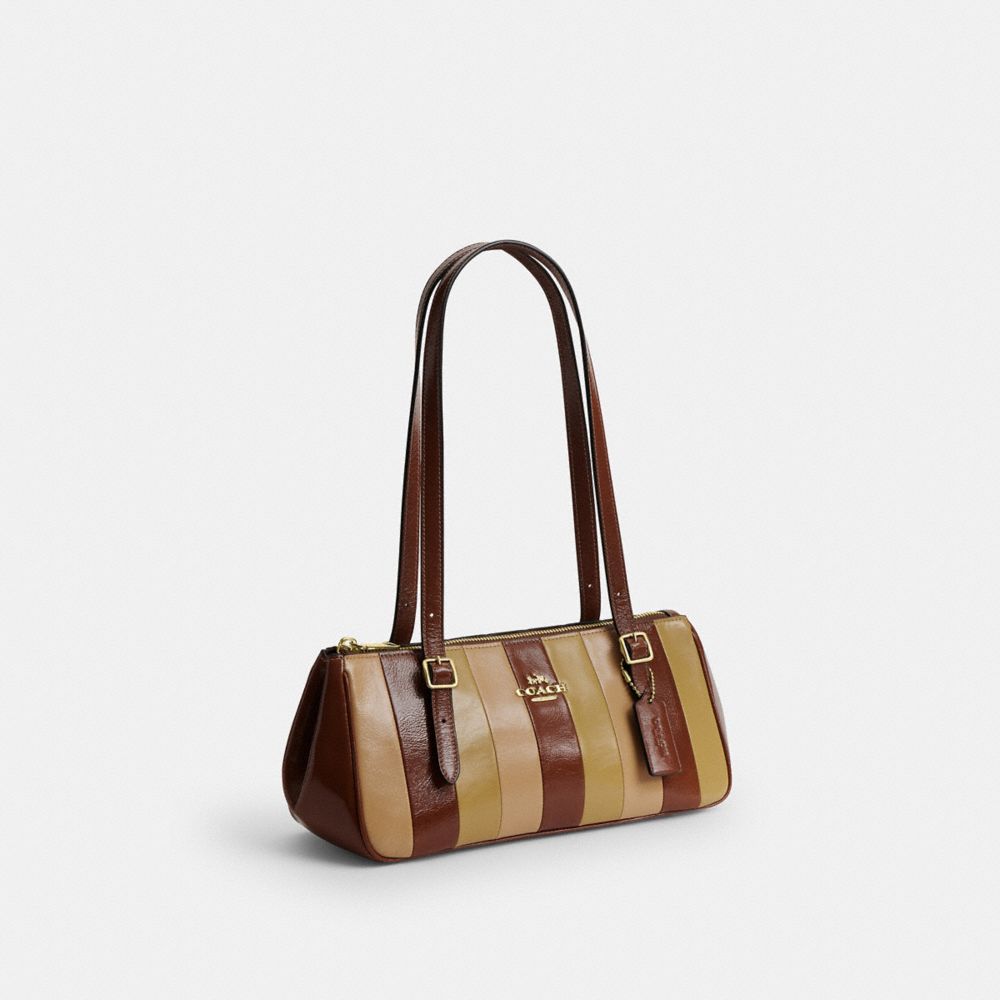 Asher Shoulder Bag With Striped Patchwork (Gold/Redwood Multi)