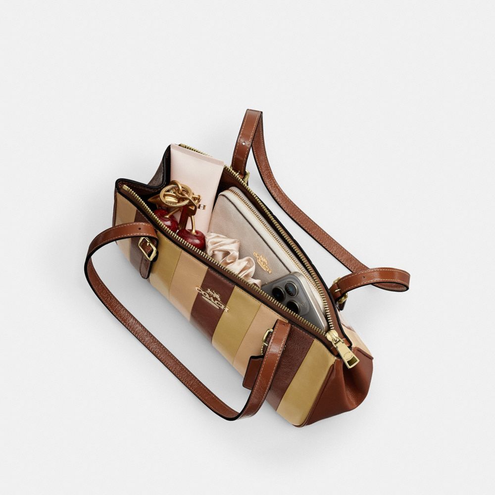 Asher Shoulder Bag With Striped Patchwork (Gold/Redwood Multi)