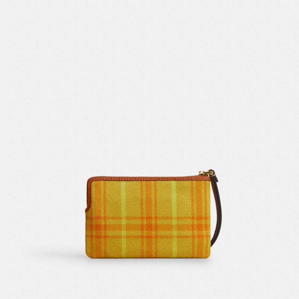 Corner Zip Wristlet In Regenerative Cotton With Plaid Print (Gold/Burnished Amber)