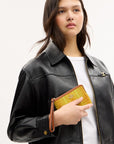 Corner Zip Wristlet In Regenerative Cotton With Plaid Print (Gold/Burnished Amber)