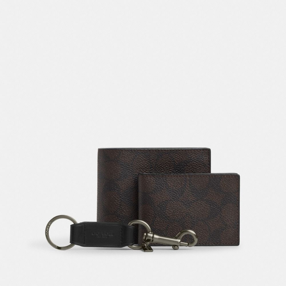 Boxed 3-In-1 Wallet Gift Set In Signature Canvas (Gunmetal/Walnut/Black)