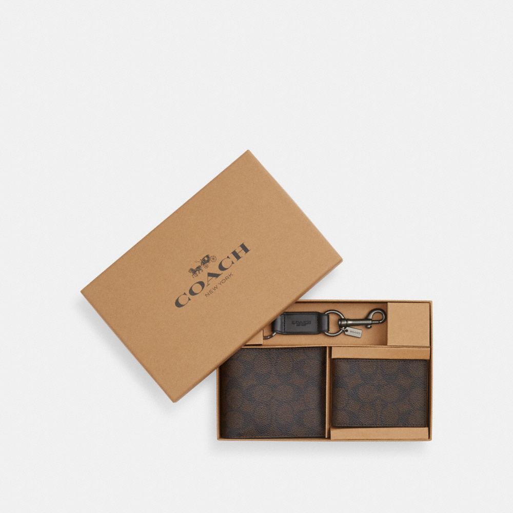 Boxed 3-In-1 Wallet Gift Set In Signature Canvas (Gunmetal/Walnut/Black)