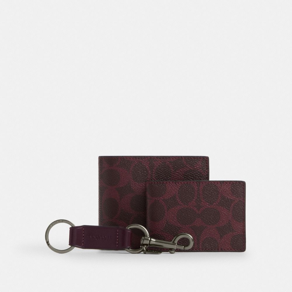 Boxed 3-In-1 Wallet Gift Set In Signature Canvas (Gunmetal/Black Currant)