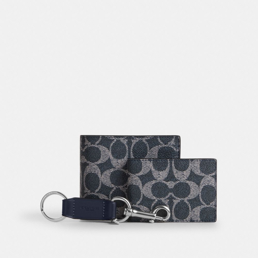 Boxed 3-In-1 Wallet Gift Set In Signature Canvas (Silver/Denim Chalk)