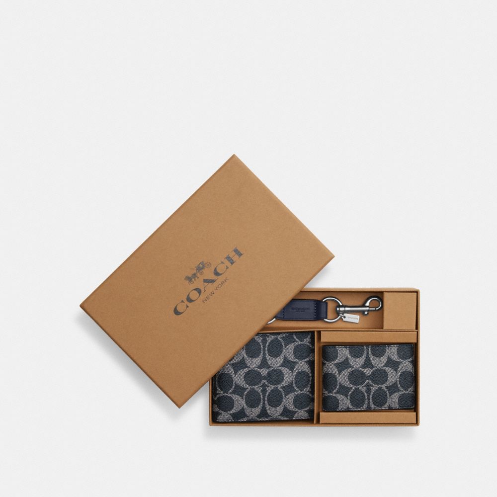 Boxed 3-In-1 Wallet Gift Set In Signature Canvas (Silver/Denim Chalk)