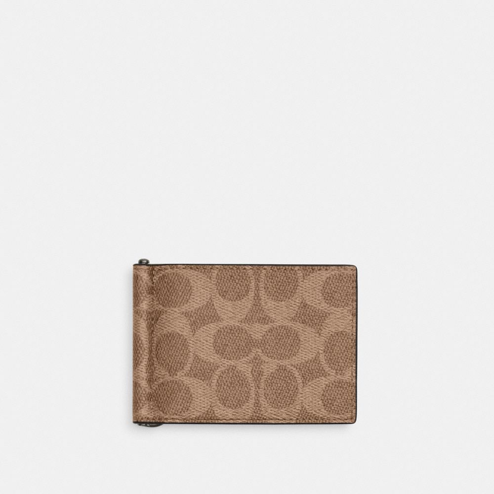 Slim Money Clip Billfold Wallet In Signature Canvas (Gunmetal/Tan/Black)