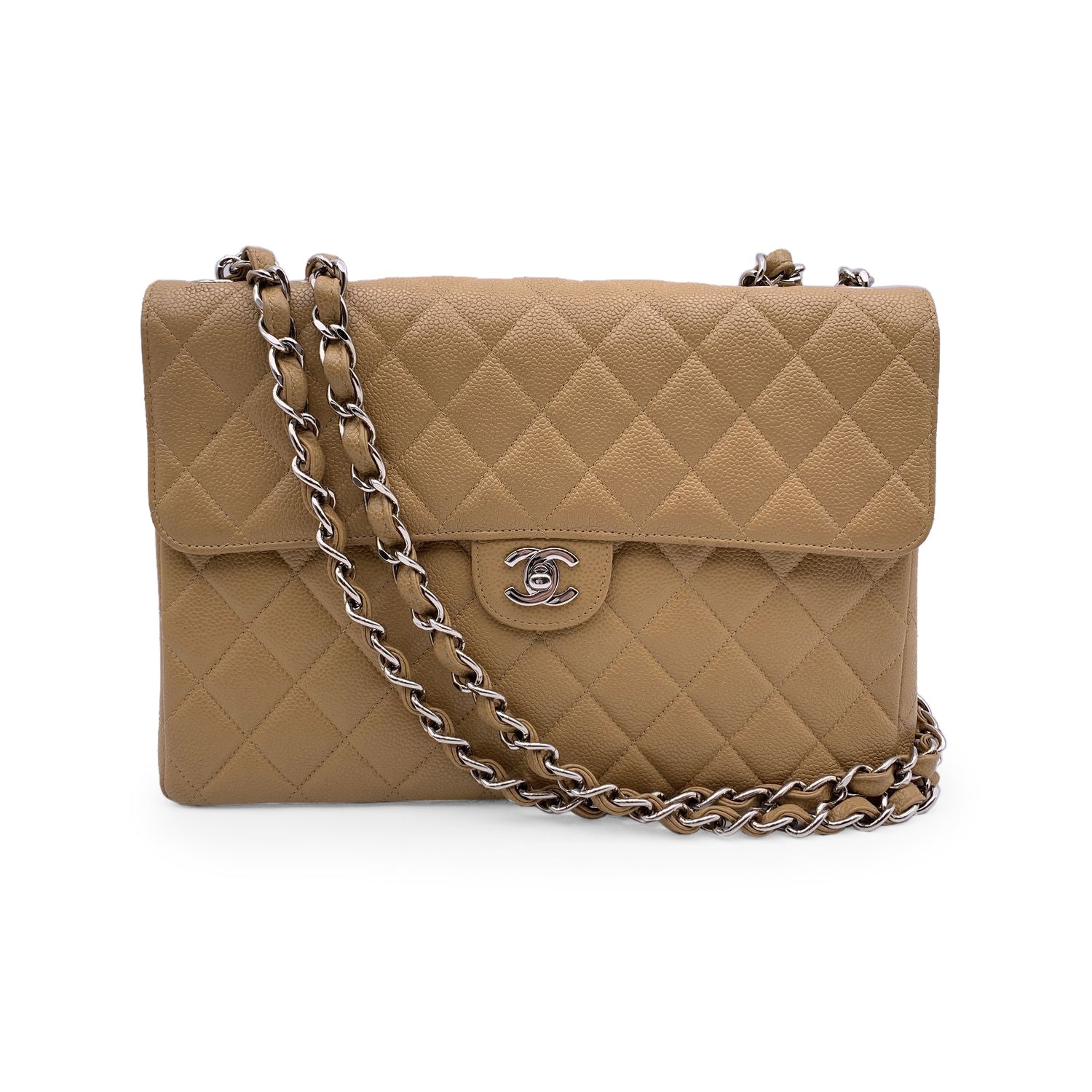 CHNL Vintage Beige Quilted Caviar Jumbo Timeless Classic Flap Bag
