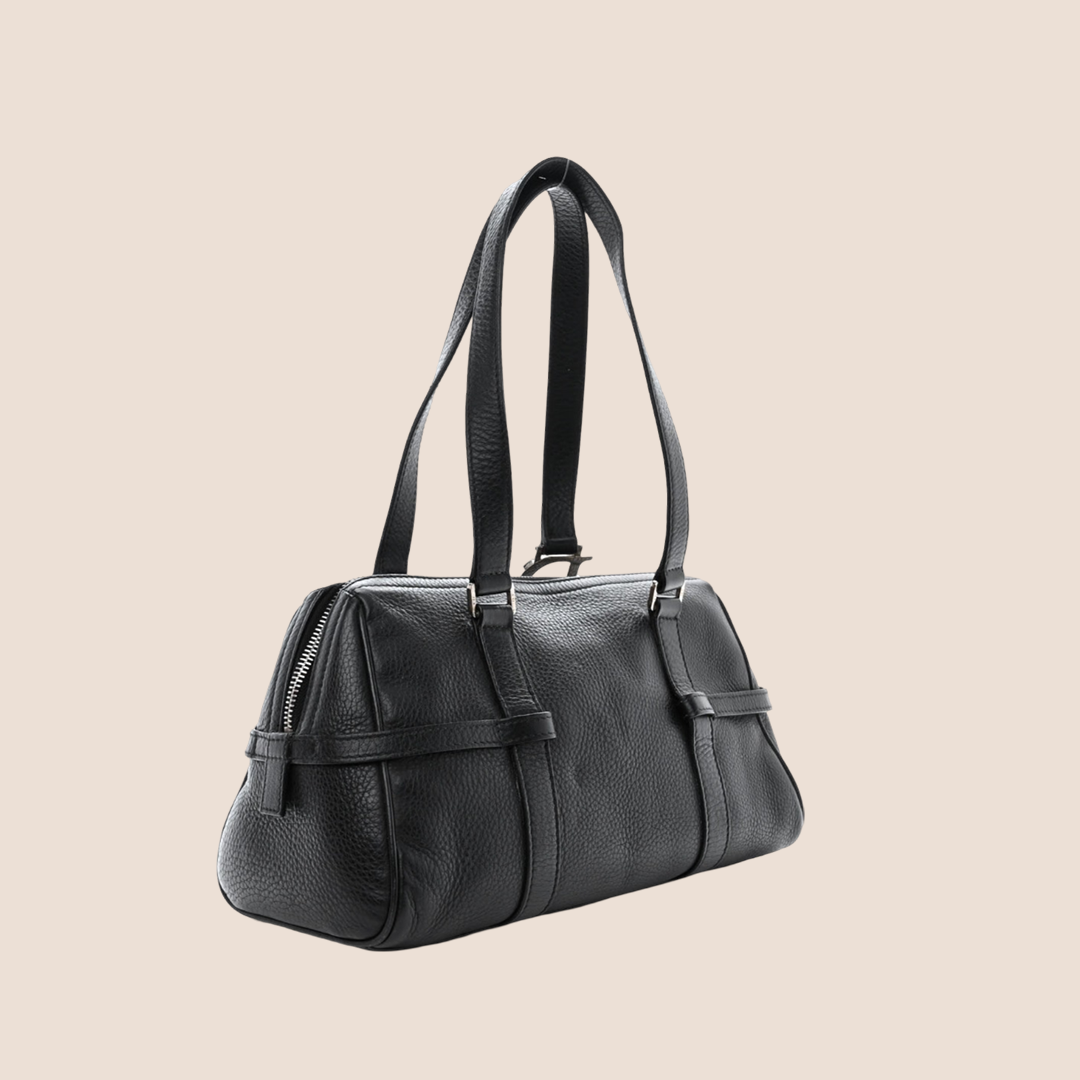 CHRISTIAN DOR BLACK LEATHER LOGO SPELL OUT CHARM BOSTON BAG